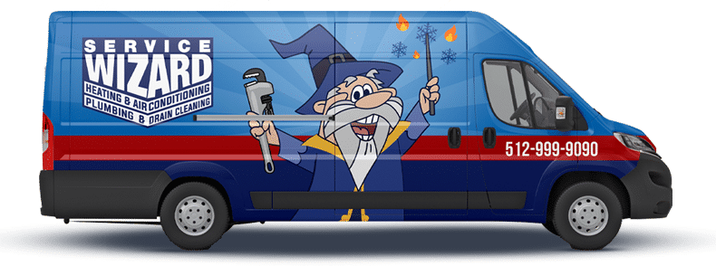 Service Wizard van with the wizard mascot, ready for a Texas winter